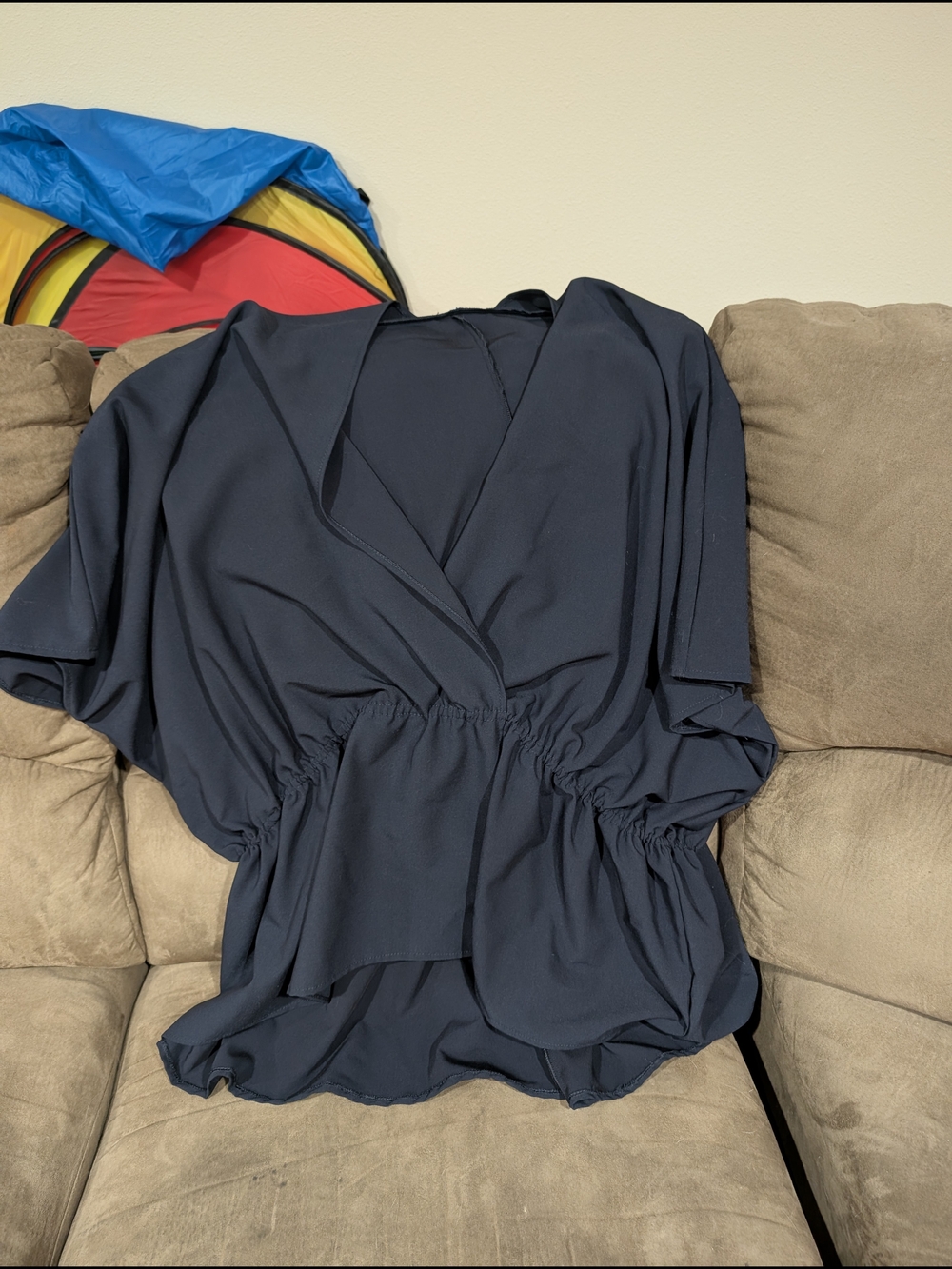 V-Neck Navy Cinched-Waist Blouse